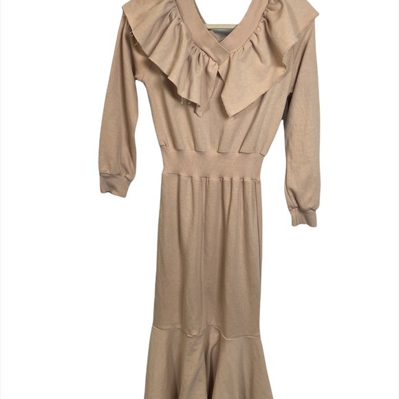 LOVE & J LOVE Fleece Frilled Collar Midi Beige Dress Sz Sm - Made In Korea - Picture 2 of 7